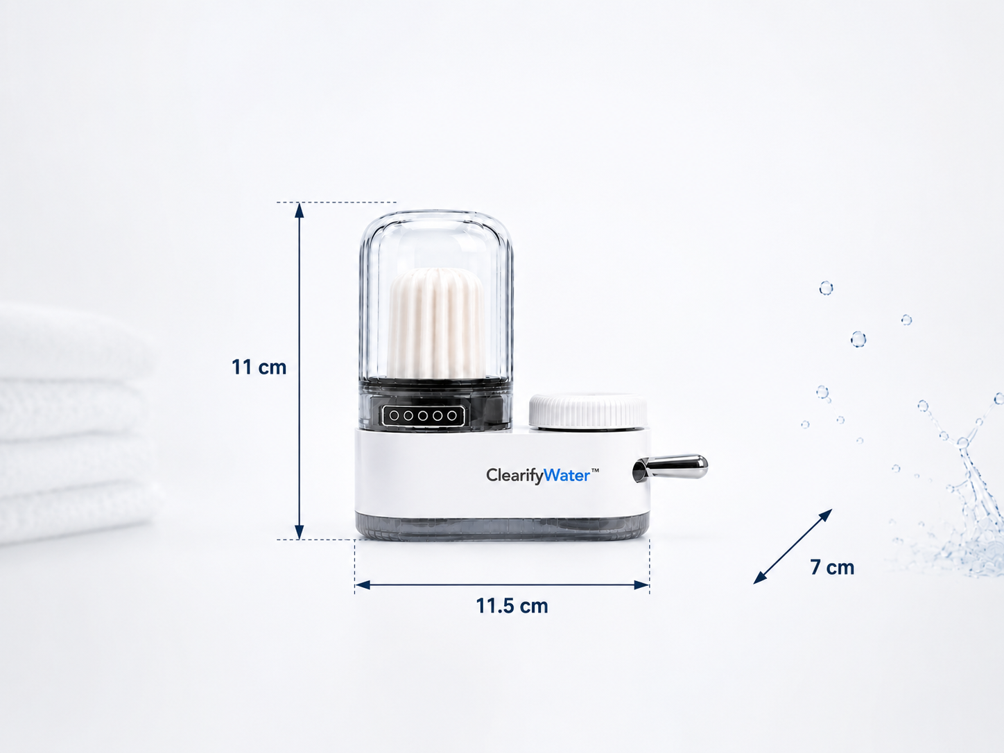 Dimensions du filtre ClearifyWater : 11,5 cm × 11 cm × 7 cm